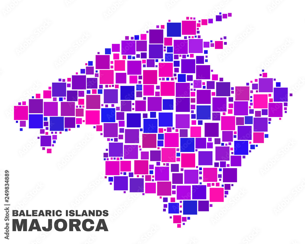 Mosaic Majorca map isolated on a white background. Vector geographic abstraction in pink and violet colors. Mosaic of Majorca map combined of scattered square elements.
