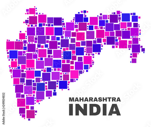 Mosaic Maharashtra State map isolated on a white background. Vector geographic abstraction in pink and violet colors. Mosaic of Maharashtra State map combined of random square elements.
