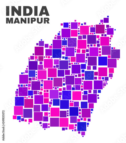 Mosaic Manipur State map isolated on a white background. Vector geographic abstraction in pink and violet colors. Mosaic of Manipur State map combined of scattered square elements.
