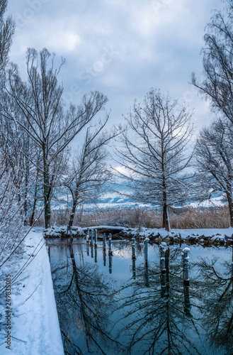 Beautiful winter scenes on the shores of the upper Zurich Lake (Obersee) near Hurden (Schwyz) and Rapperswil-Jona (Sankt Gallen), Switzerland