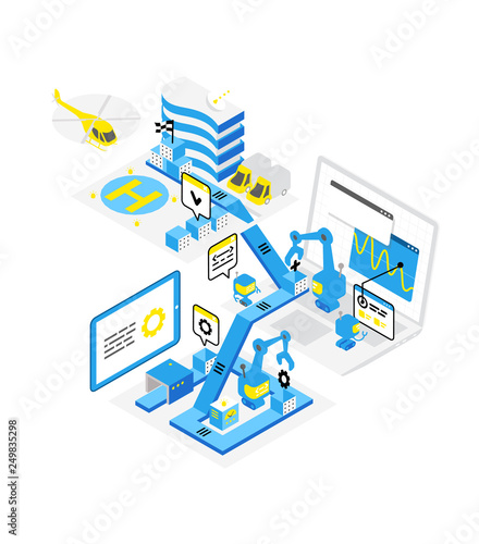 Software development levels. Technological conveyor. Programming and testing robots laptop. Isometric infographic. Blue color concept.