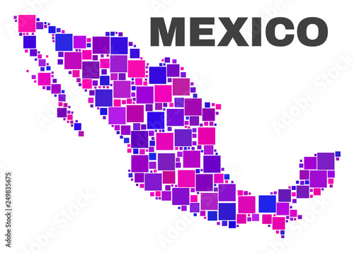 Mosaic Mexico map isolated on a white background. Vector geographic abstraction in pink and violet colors. Mosaic of Mexico map combined of random square elements.