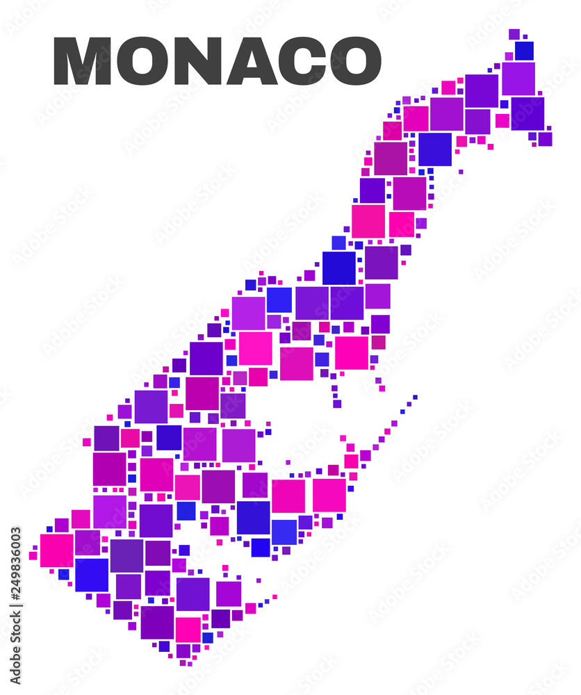 Mosaic Monaco map isolated on a white background. Vector geographic abstraction in pink and violet colors. Mosaic of Monaco map combined of random small squares.