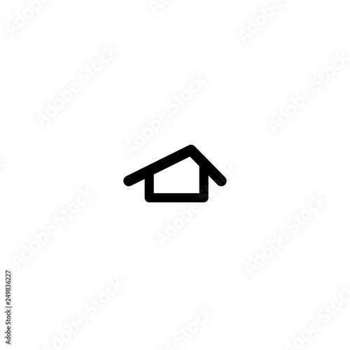 Flat black home with white door. Simple silhouette of the house with big roof and chimney. Icon isolated