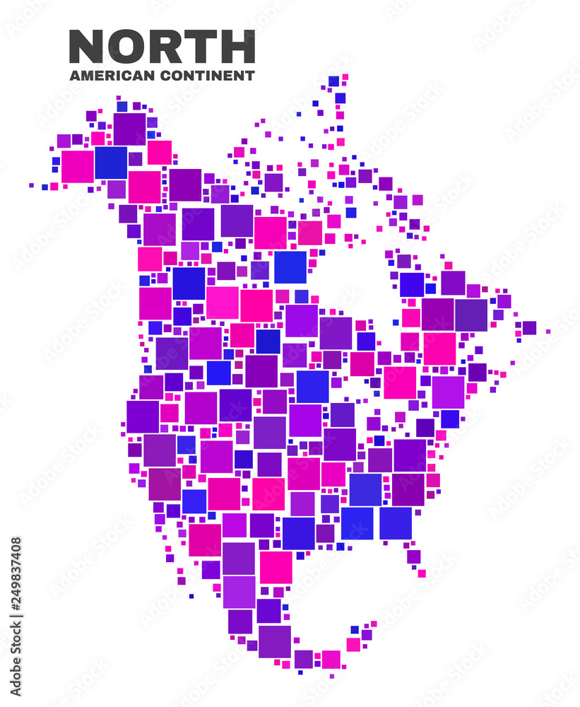 Mosaic North America v2 map isolated on a white background. Vector geographic abstraction in pink and violet colors. Mosaic of North America v2 map combined of random square elements.