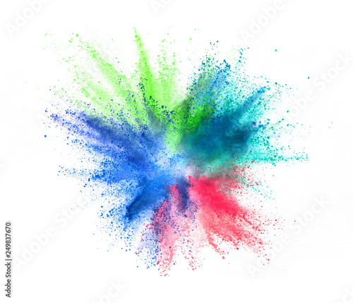 Multi colored powder explosion isolated on white