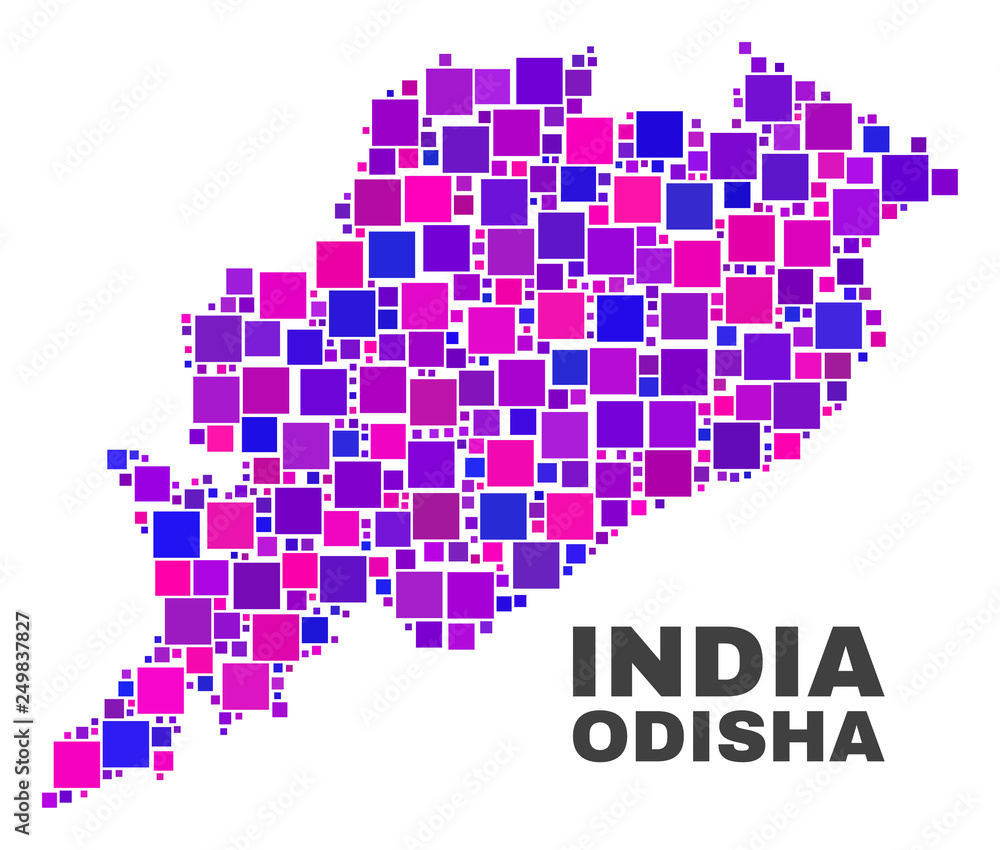 Mosaic Odisha State map isolated on a white background. Vector geographic abstraction in pink and violet colors. Mosaic of Odisha State map combined of scattered square elements.