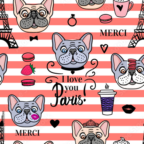 Seamless pattern French Bulldog. Striped background. Vector hand drawn. Eiffel tower illustration.
