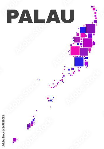 Mosaic Palau map isolated on a white background. Vector geographic abstraction in pink and violet colors. Mosaic of Palau map combined of scattered square items.