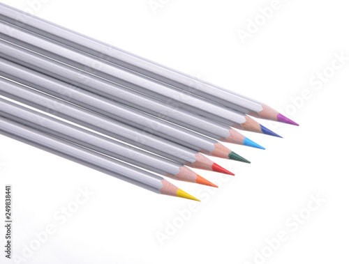 A set of pencils on a white background.
