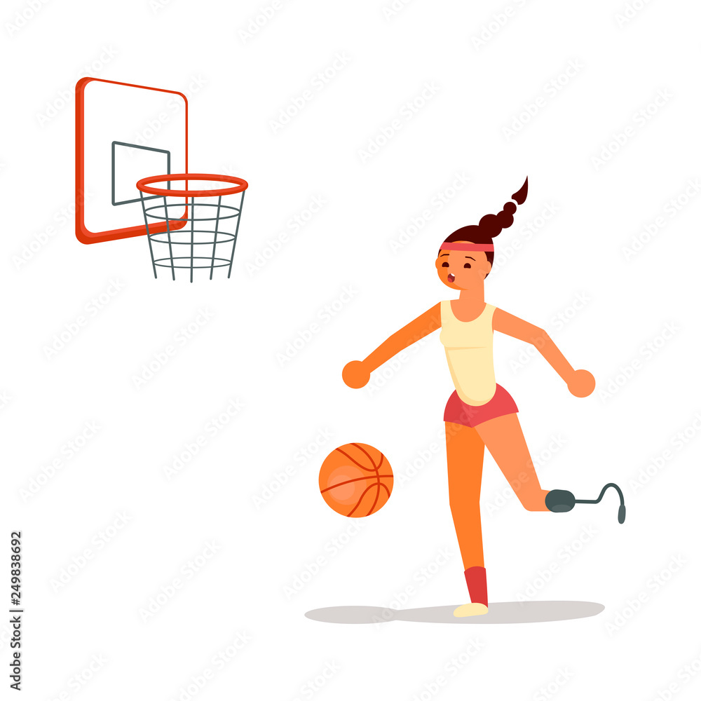 Male disabled young sportswoman playing basketball