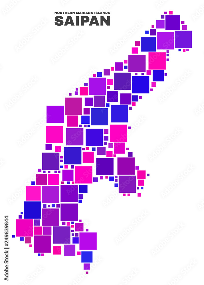 Mosaic Saipan Island map isolated on a white background. Vector geographic abstraction in pink and violet colors. Mosaic of Saipan Island map combined of random square items.