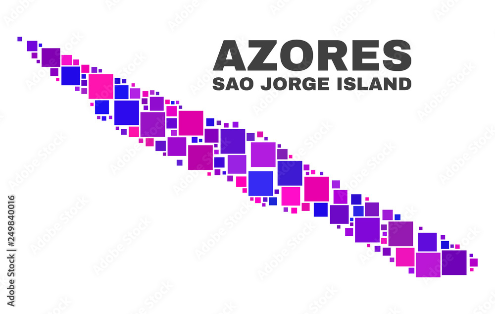 Mosaic Sao Jorge Island map isolated on a white background. Vector geographic abstraction in pink and violet colors. Mosaic of Sao Jorge Island map combined of scattered small squares. Mosaic Sao Jorge Island map isolated on a white background. Vector geographic abstraction in pink and violet colors. Mosaic of Sao Jorge Island map combined of scattered small squares.