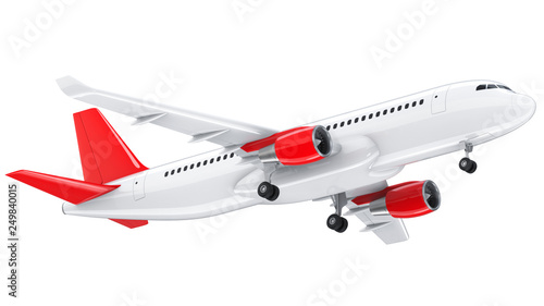 High detailed white airliner, 3d render on a white background. Airplane Take Off, isolated 3d illustration. Airline Concept Travel Passenger plane. Jet commercial airplane photo