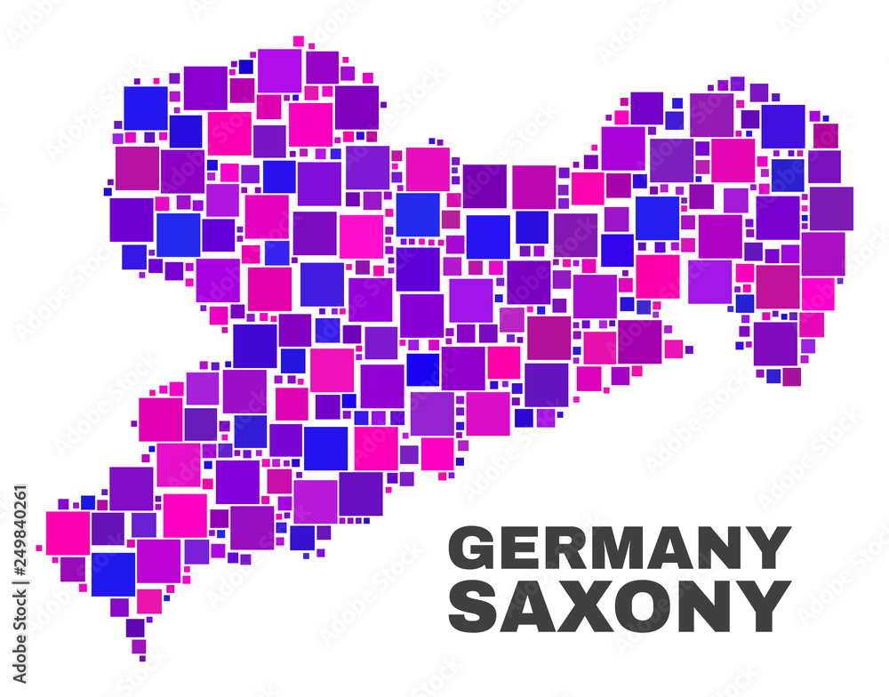 Mosaic Saxony Land map isolated on a white background. Vector geographic abstraction in pink and violet colors. Mosaic of Saxony Land map combined of random small squares.