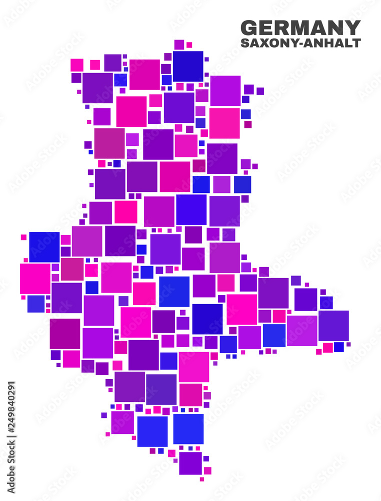 Mosaic Saxony-Anhalt Land map isolated on a white background. Vector geographic abstraction in pink and violet colors. Mosaic of Saxony-Anhalt Land map combined of scattered square items. Mosaic Saxony-Anhalt Land map isolated on a white background. Vector geographic abstraction in pink and violet colors. Mosaic of Saxony-Anhalt Land map combined of scattered square items.