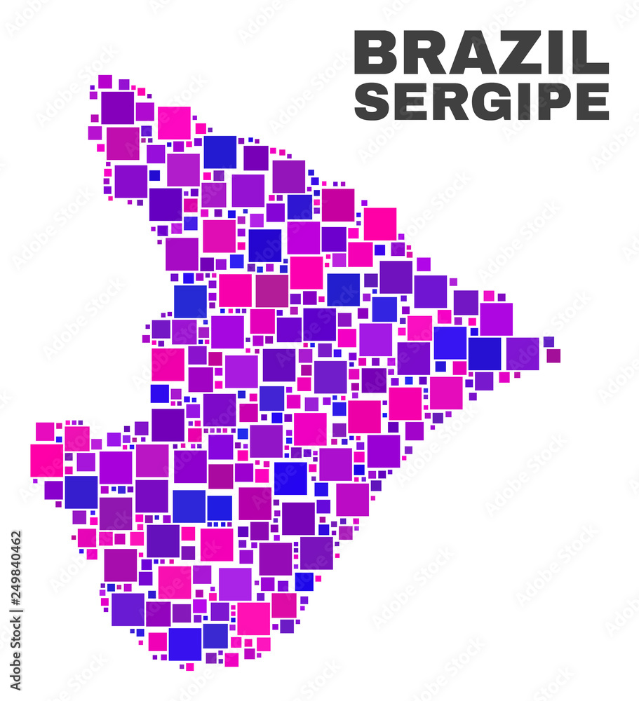 Mosaic Sergipe State map isolated on a white background. Vector geographic abstraction in pink and violet colors. Mosaic of Sergipe State map combined of scattered square elements.
