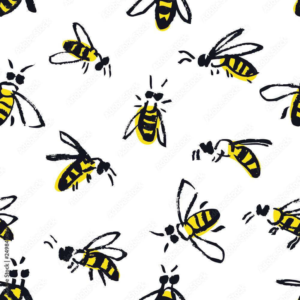 Fototapeta premium Bees Hand drawing Seamless pattern