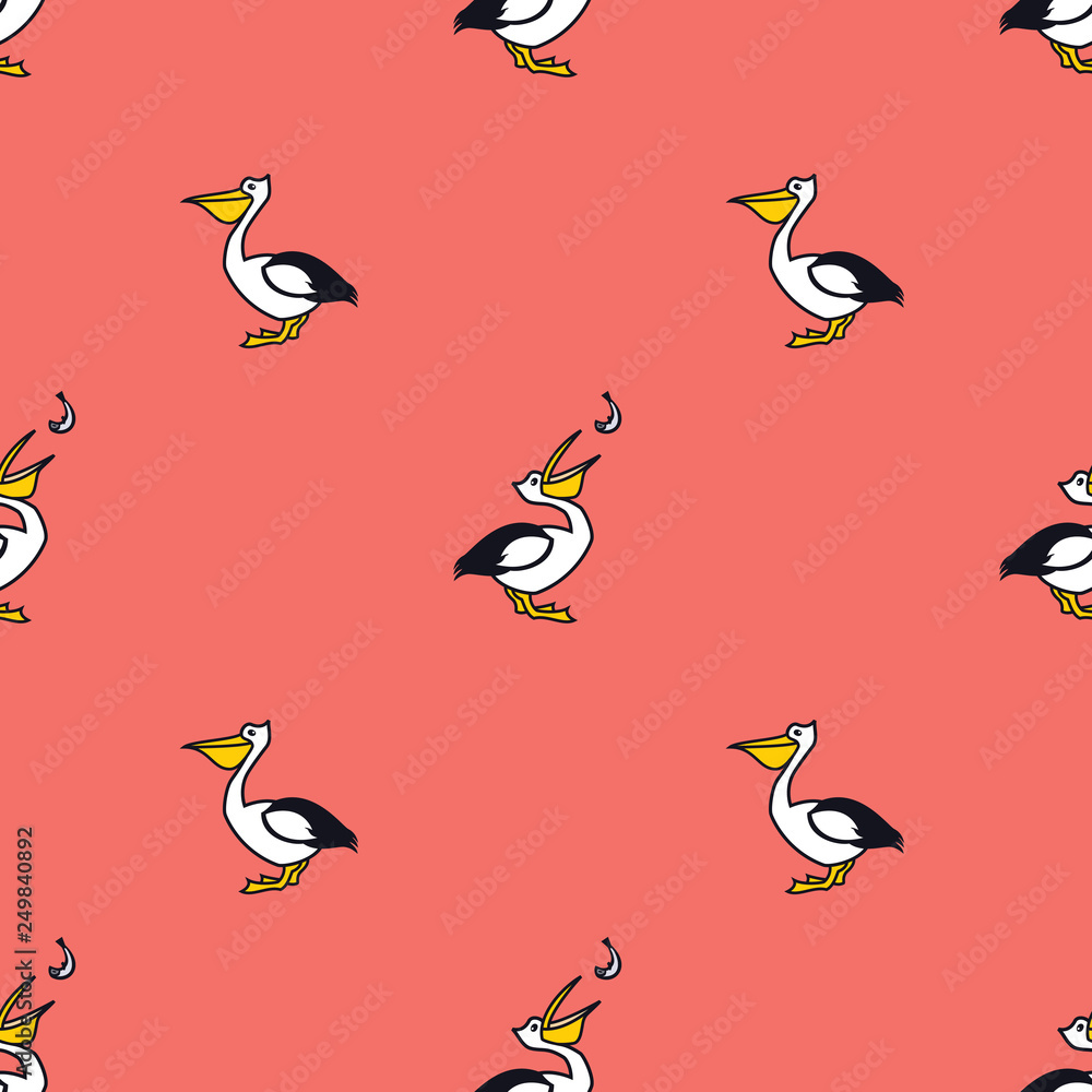 Pelicans and fish Seamless pattern Living coral background Pelicans and fish Seamless pattern Living coral background