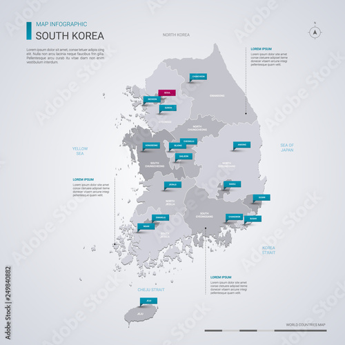 South Korea vector map with infographic elements, pointer marks.
