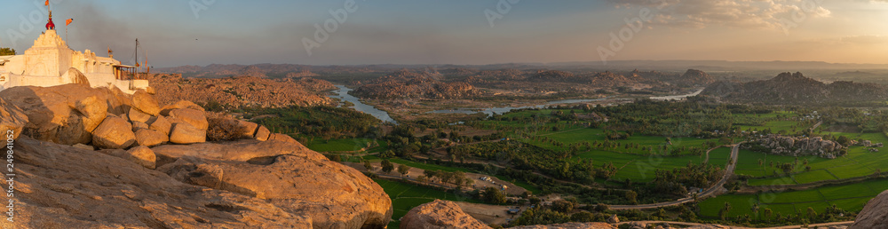 panoramic view at sunset from the monkey temple over hampi india karnakata unesco
