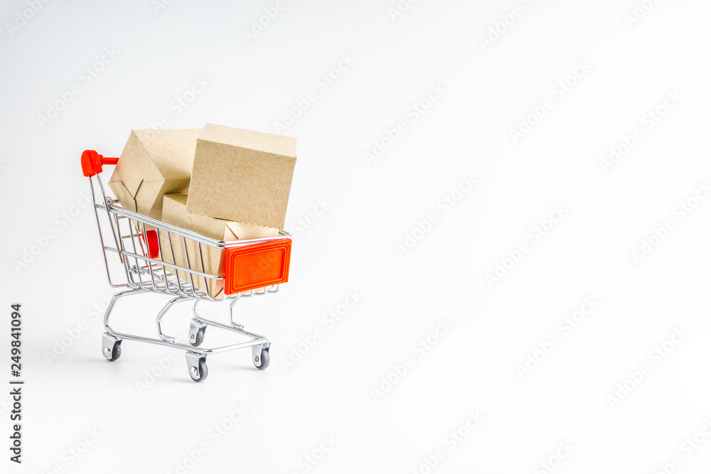 Shopping cart and box isolated on white background , business , shopping concept. Selective focus