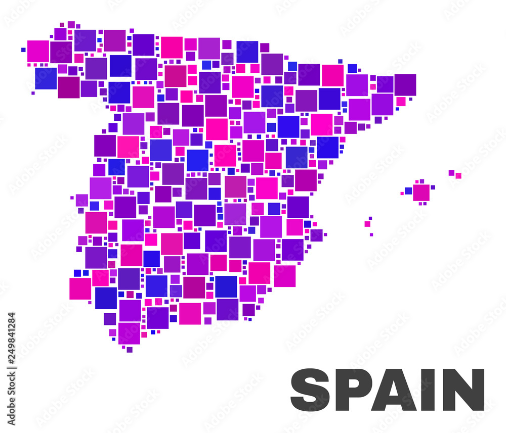 Mosaic Spain map isolated on a white background. Vector geographic abstraction in pink and violet colors. Mosaic of Spain map combined of scattered square items.