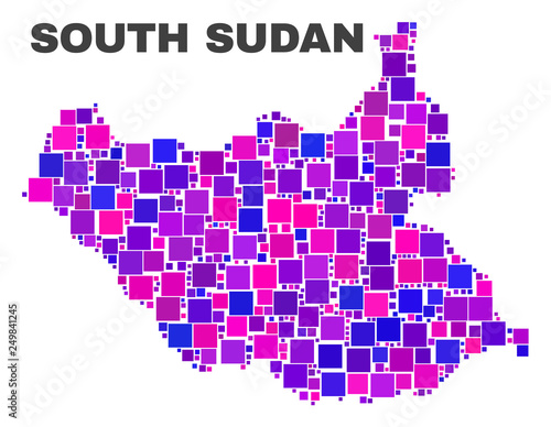 Mosaic South Sudan map isolated on a white background. Vector geographic abstraction in pink and violet colors. Mosaic of South Sudan map combined of random square elements.