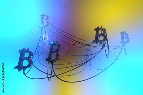 Golden bitcoin signs flying in the air and connected to each other by wire network. Cryptocurrency concept. 3d illustration