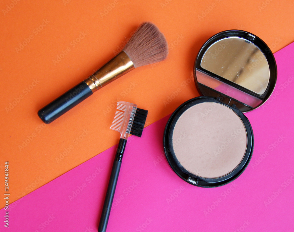 background cosmetics powder brush blue pink orange background cosmetics powder brush blue pink orange