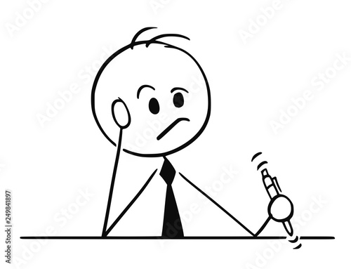 Cartoon stick figure drawing conceptual illustration of businessman sitting behind table and thinking hard with pen in hand.