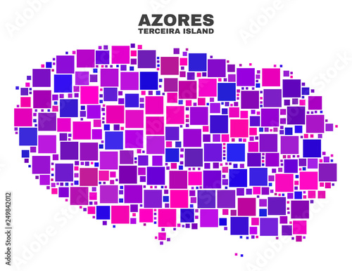 Mosaic Terceira Island map isolated on a white background. Vector geographic abstraction in pink and violet colors. Mosaic of Terceira Island map combined of random small squares.