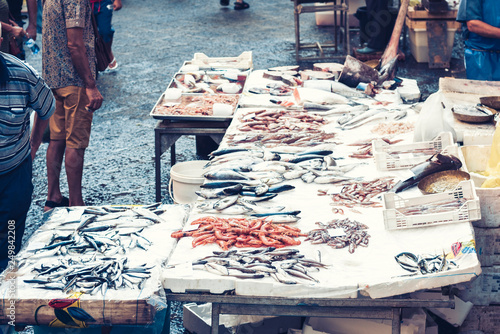 Fresh fish and seafood for sale in the fish market of Catania, Sicily, Italy.