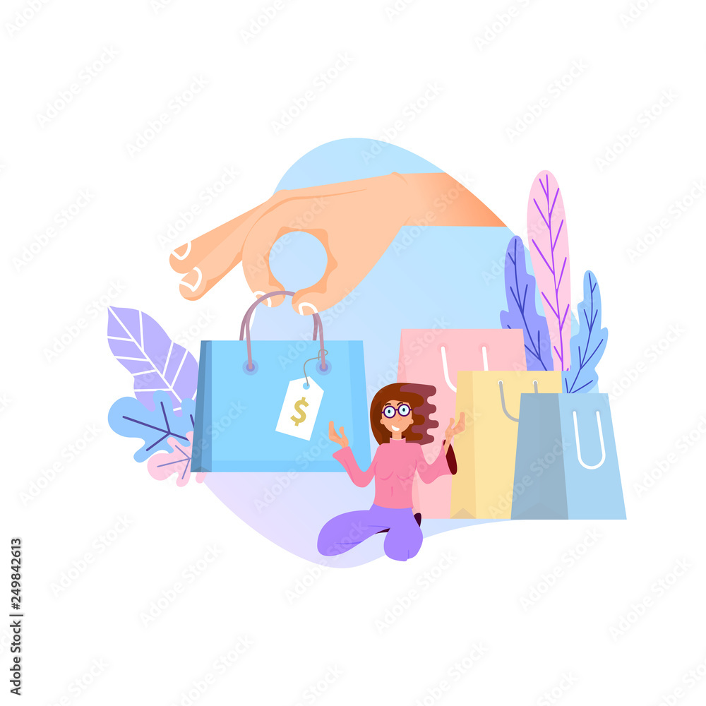 Shopping online concept. Flat design tiny woman and big bags Shopping online concept. Flat design tiny woman and big bags