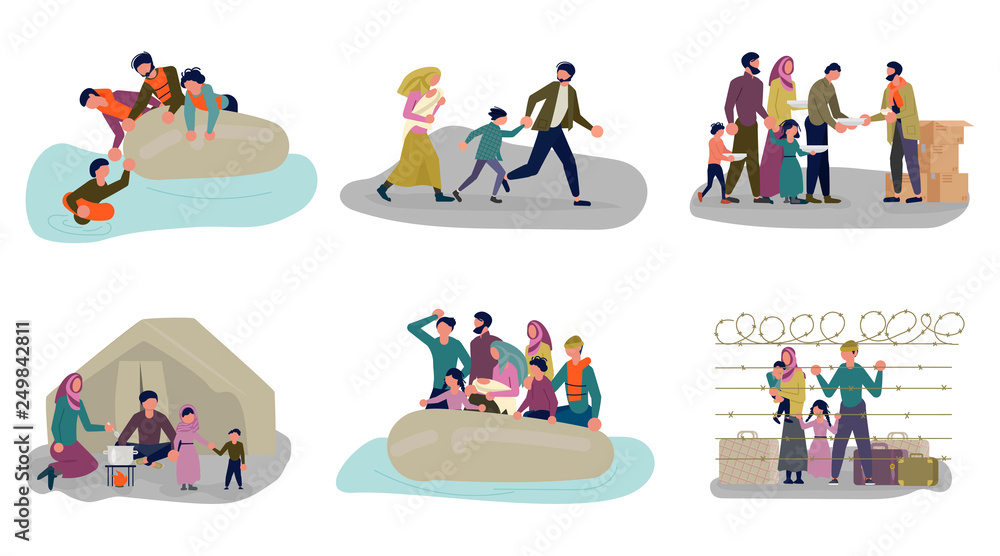 Set of concepts of Migrant people in different situations.