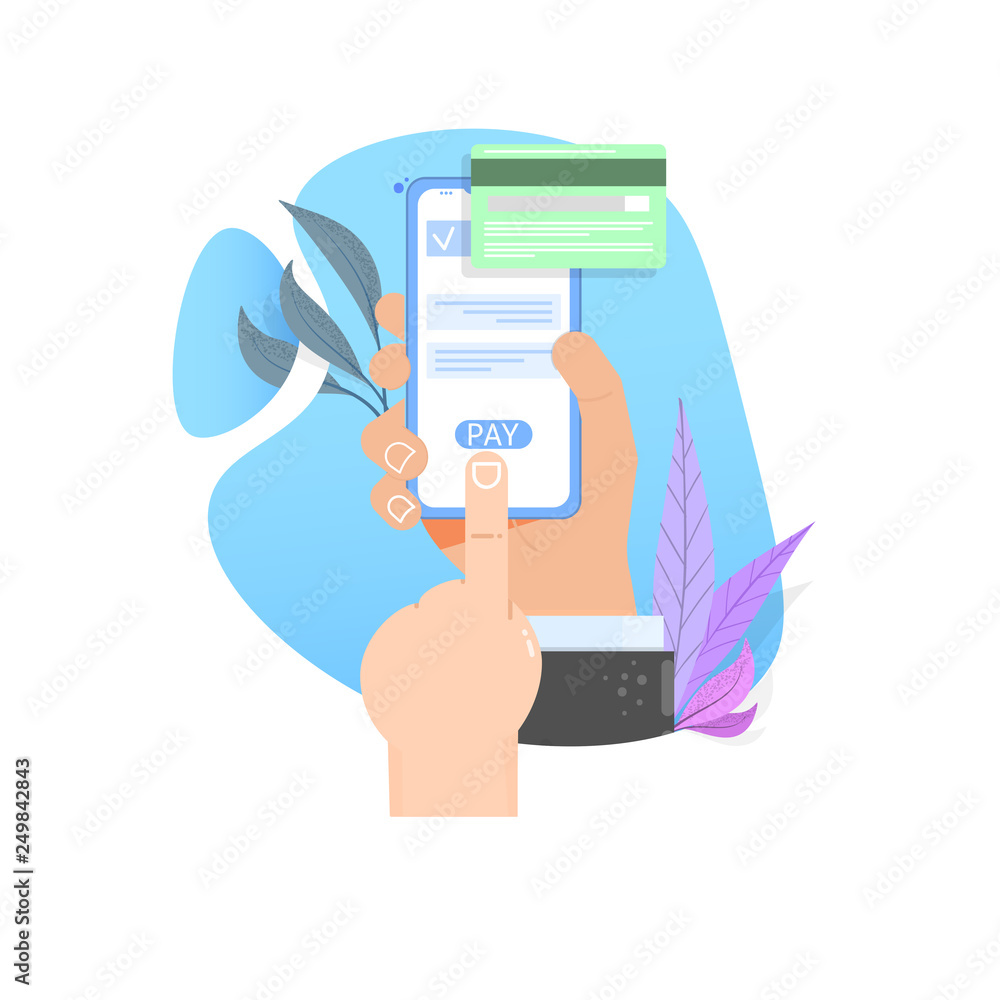 The concept of online payment by card. Hand holding smartphone flat cartoon illustration. The concept of online payment by card. Hand holding smartphone flat cartoon illustration.