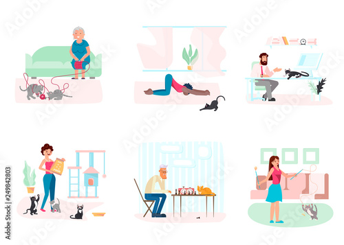 Set of cat owners characters and cute domestic animals