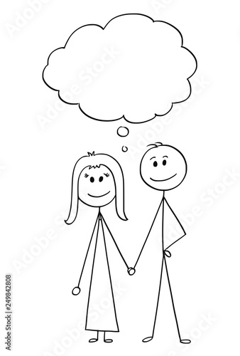 Cartoon stick figure drawing conceptual illustration of happy heterosexual couple of man and woman holding each other hand and with empty speech or text balloon or bubble.