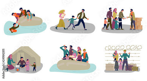 Set of concepts of Migrant people in different situations.