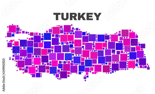 Mosaic Turkey map isolated on a white background. Vector geographic abstraction in pink and violet colors. Mosaic of Turkey map combined of random square elements.