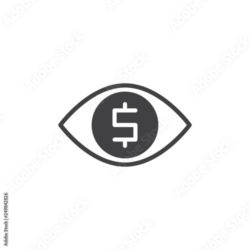 Money viewer vector icon. filled flat sign for mobile concept and web design. Human eye with dollar simple glyph icon. Symbol, logo illustration. Pixel perfect vector graphics