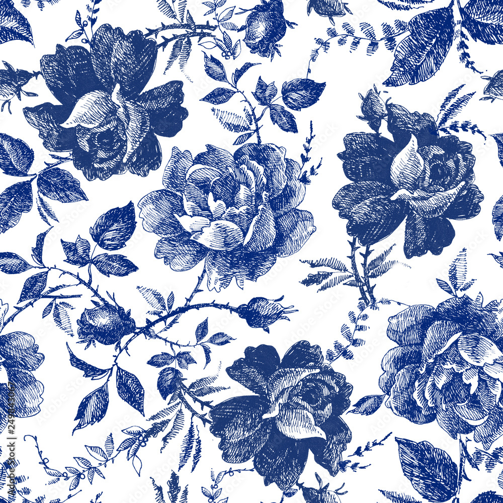 Fototapeta bez szwu z kwiatami róż. Bajkowy las. ręcznie rysowane grafiki botanicznej wzór linii vintage. modny design tekstylny w kolorze indygo. ilustracja kwiatowy