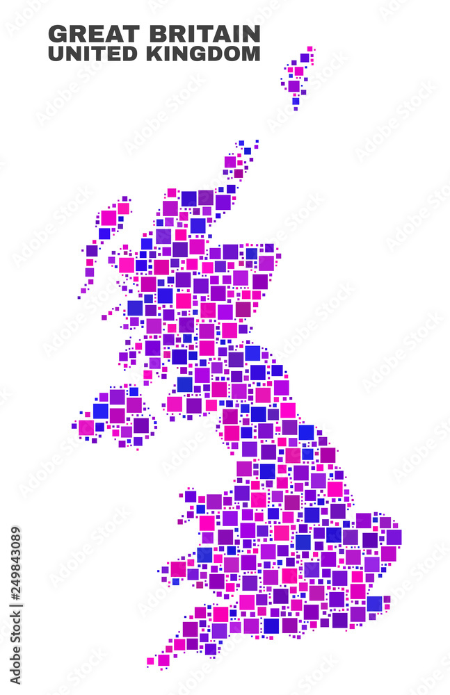 Mosaic United Kingdom map isolated on a white background. Vector geographic abstraction in pink and violet colors. Mosaic of United Kingdom map combined of random square items. Mosaic United Kingdom map isolated on a white background. Vector geographic abstraction in pink and violet colors. Mosaic of United Kingdom map combined of random square items.