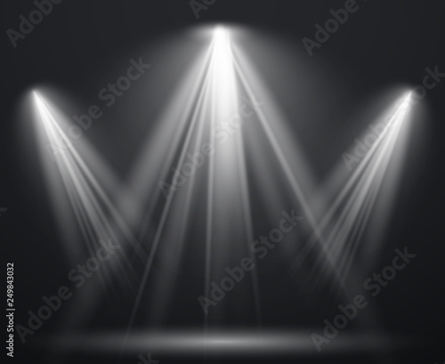 Spotlight scene. Light effect spot projector ray studio glow lamp beams shining bright lighting show, scene illumination