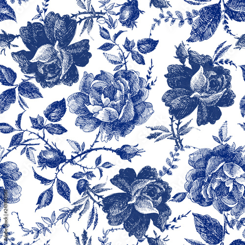Butterfly wallpaper - Wall mural seamless design with roses flowers. Fairytale forest. hand drawn vintage botanical pattern line graphics. fashion textile design Indigo color. floral illustration