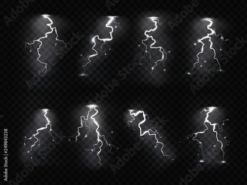 Realistic lightning. Thunder storm electricity blue sky blitz flash stormy thunderstorm rainstorm. Lightnings set