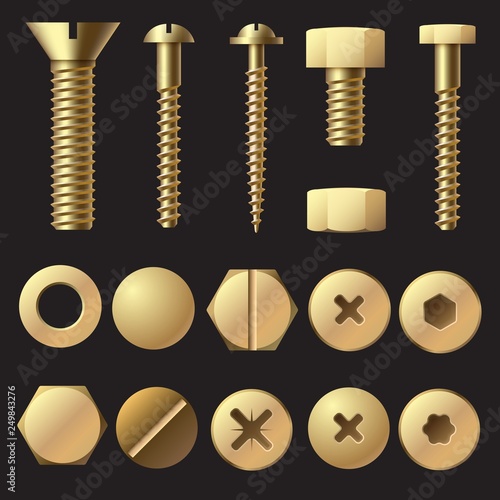 Golden bolts and screws. Washer nut hardware rivet screw and bolt. Gold fasteners isolated vector set