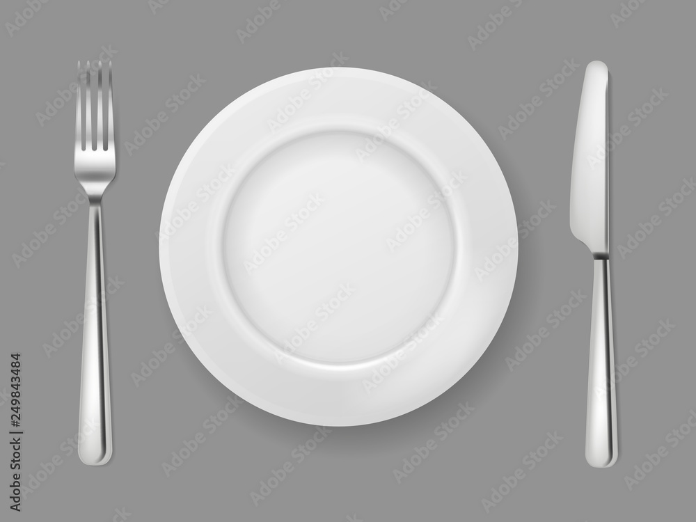 Realistic plate knife fork. Silver cutlery white food empty plate metal fork and knife on dinner table top view isolated