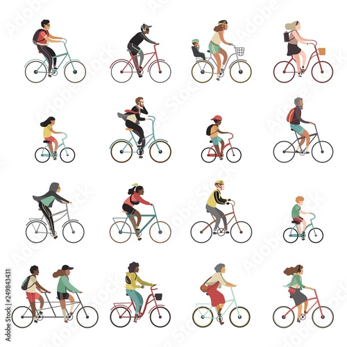 Cyclists set. Happy people riding bicycle family ride tandem bikes children woman men sports gear outdoor activity