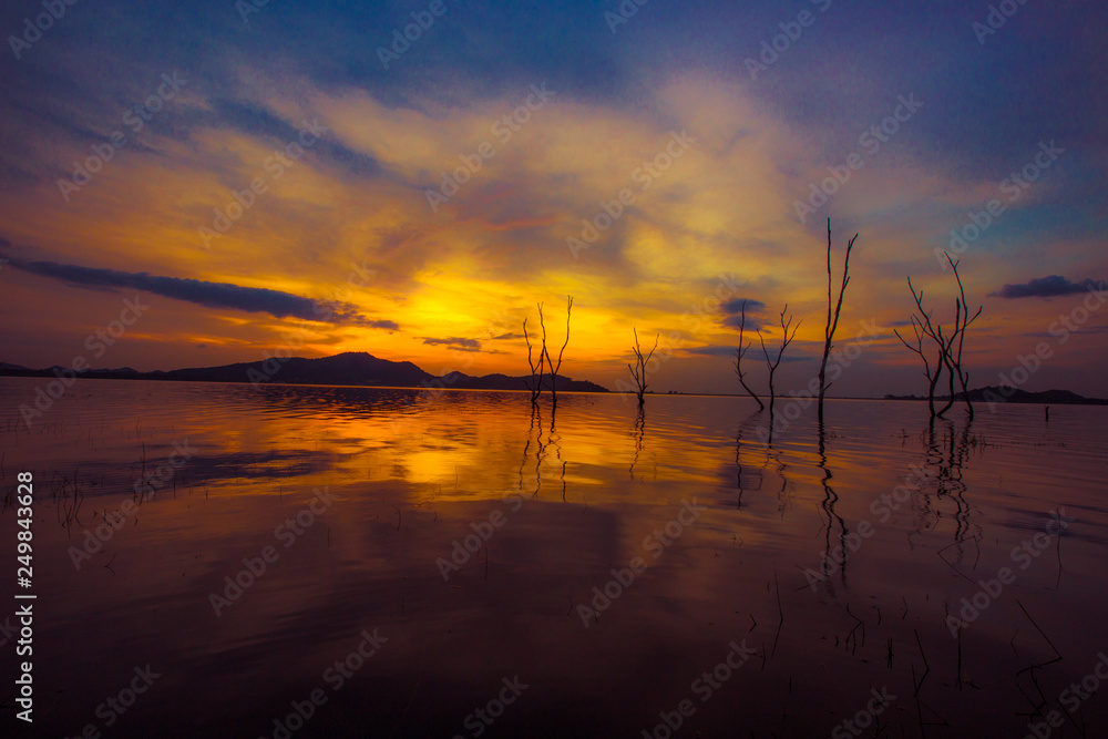 An abstract background of colorful, evening sky on the lake, beautiful in nature, with an artistic beauty.